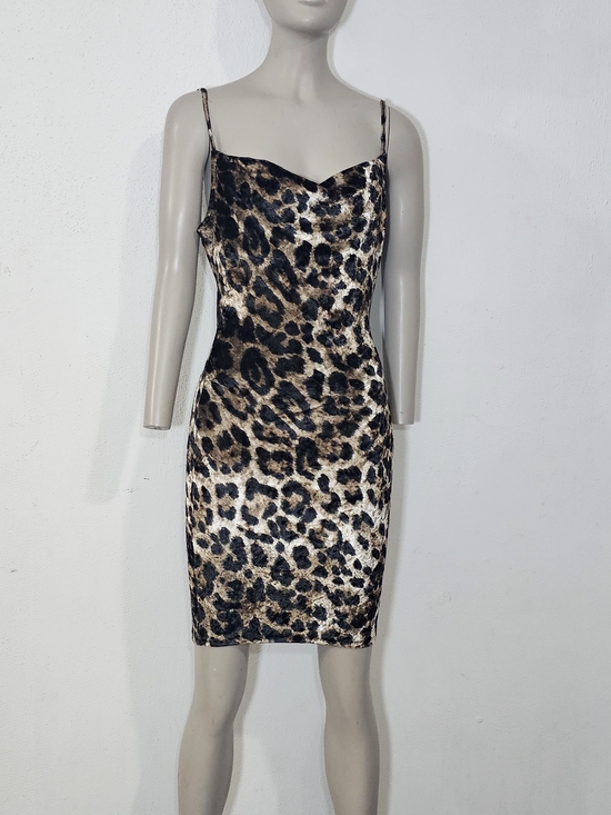 AKIRA Dresses & Skirts - Y2K Akira Leopard Bodycon Size M Mini Dress Velvet Animal Print Whimi Cowl Neck